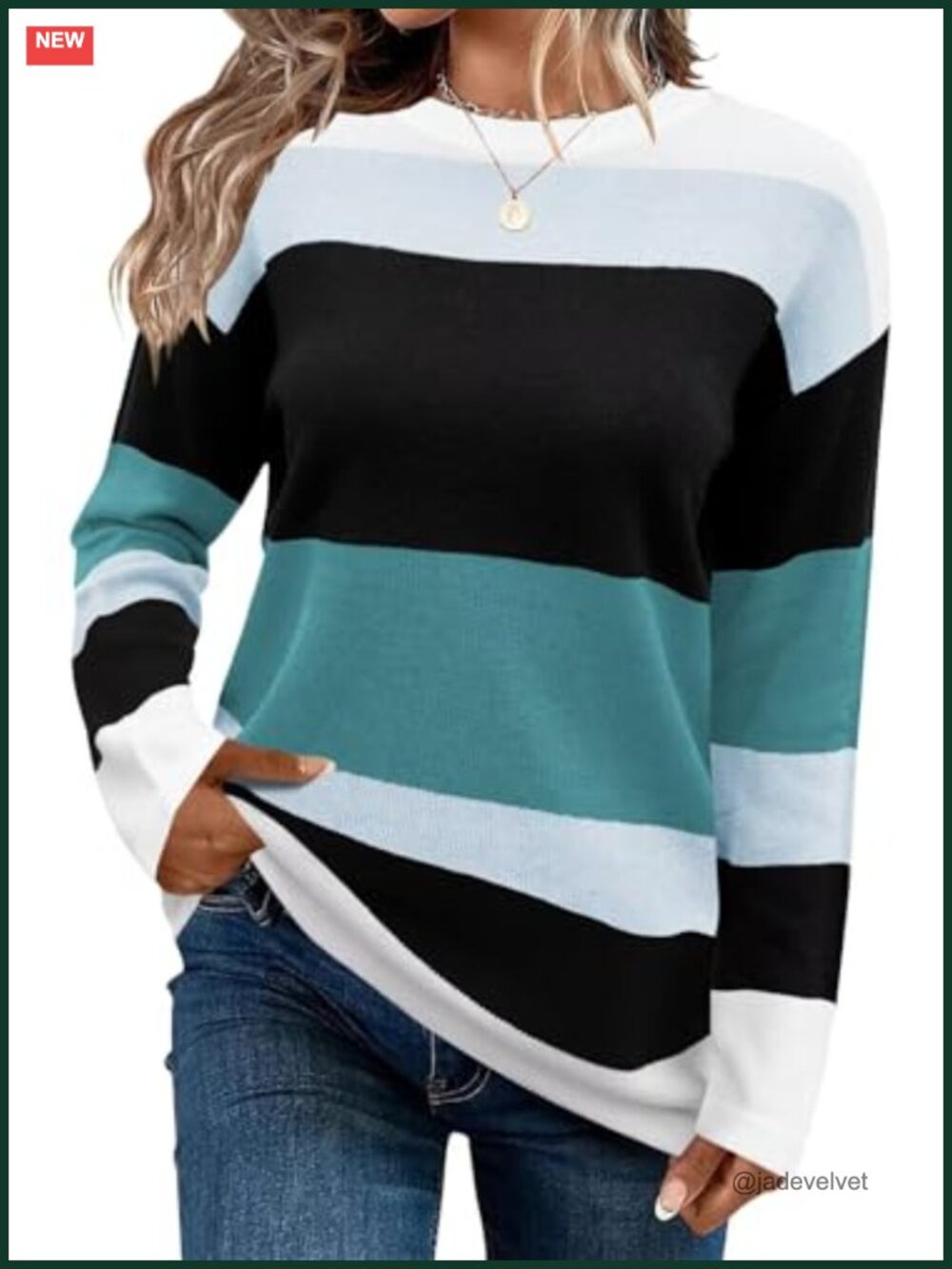 Striped Crew Neck Long Sleeve Knit Sweater Pullover Women Casual Loose Fit